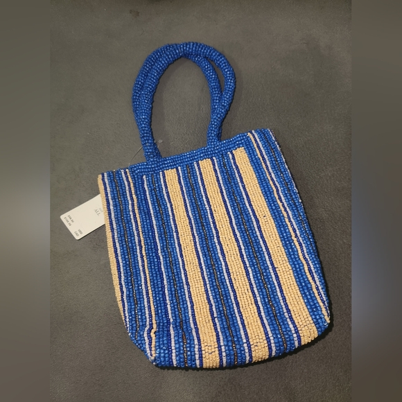 Nwt Anthropologie Beaded Mini‎ Tote Blue Motif Tan Striped - Picture 3 of 6